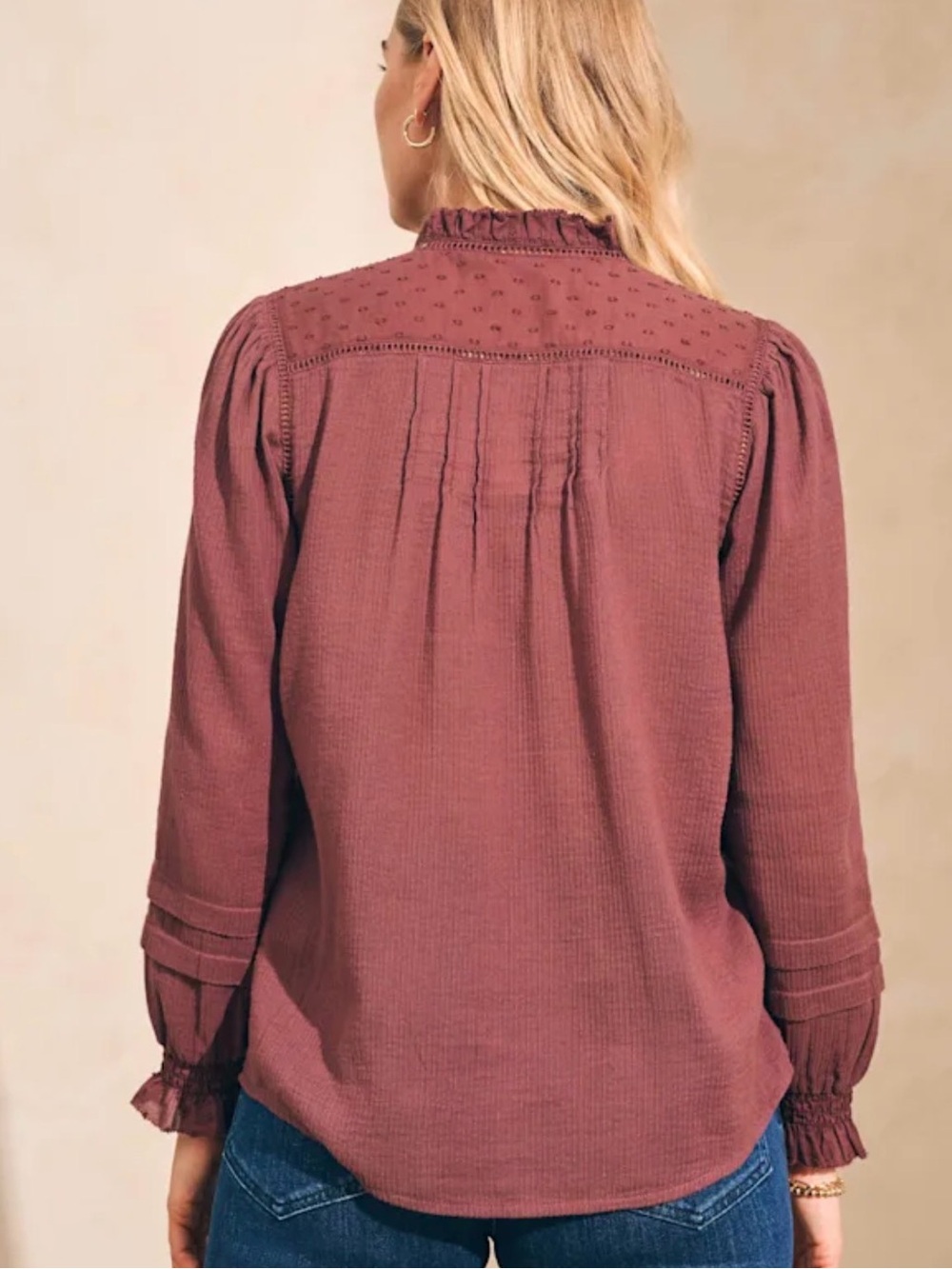 Faherty Button-Front Ruffled Yoke Blouse in Plum - Picture 5 of 7